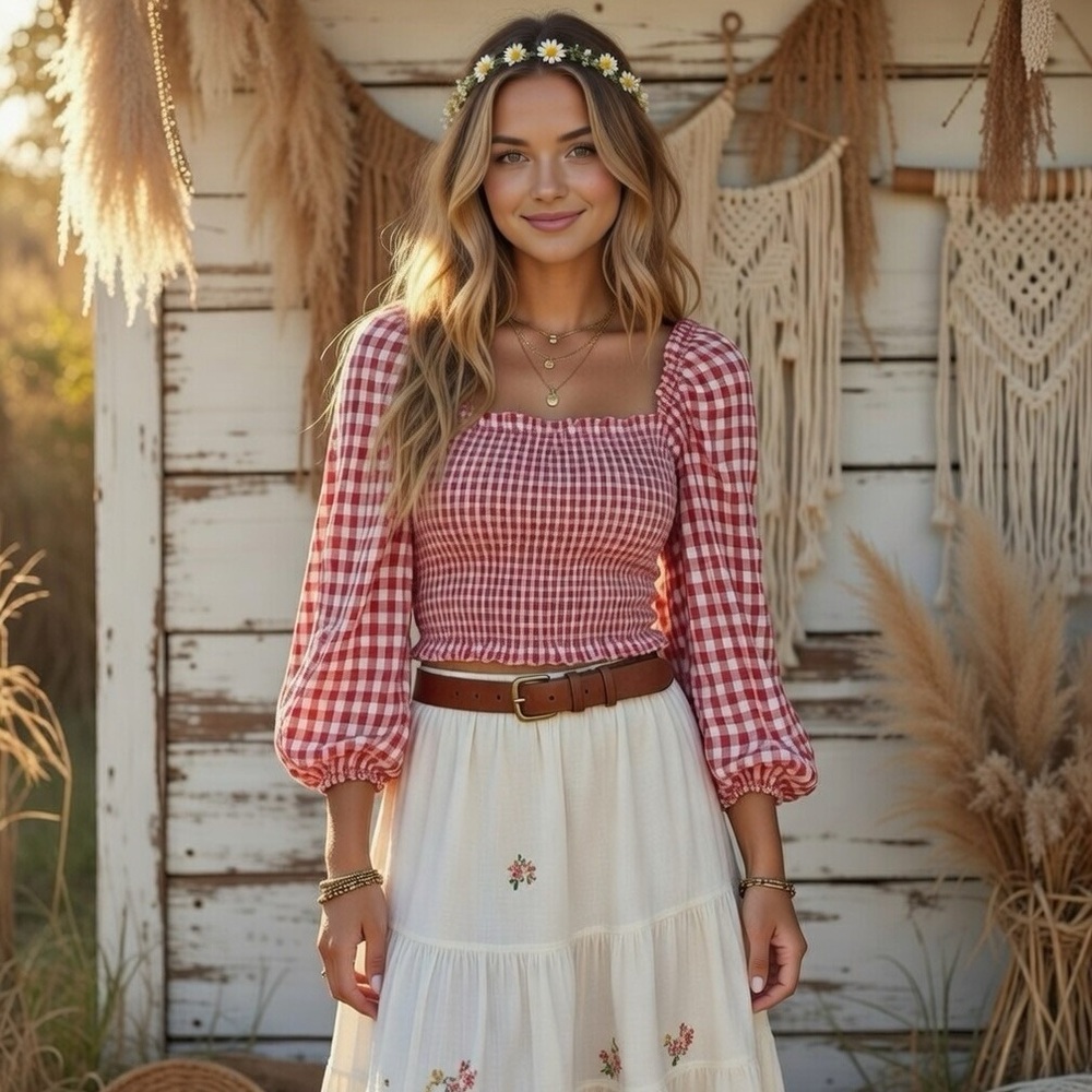SHEIN Red Gingham Women's Smocked bodice Balloon Sleeve Top